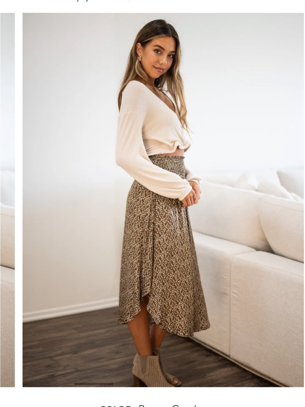 Sozy Smocked Waist Printed Midi Skirt in Beige - Picture 2 of 8